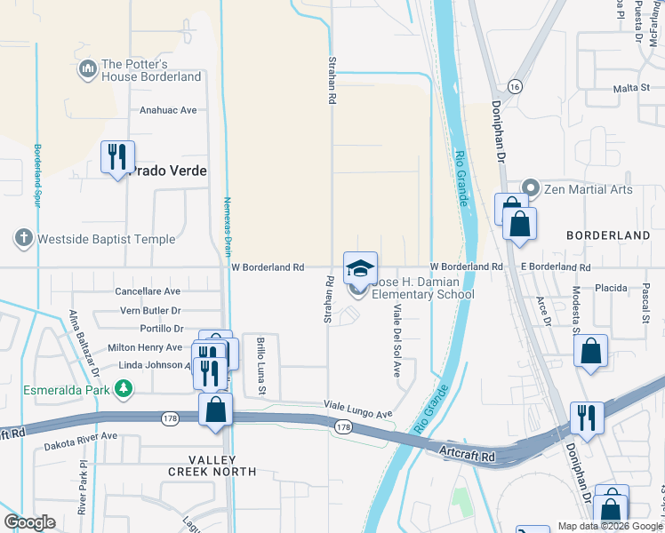 map of restaurants, bars, coffee shops, grocery stores, and more near 501 West Borderland Road in El Paso