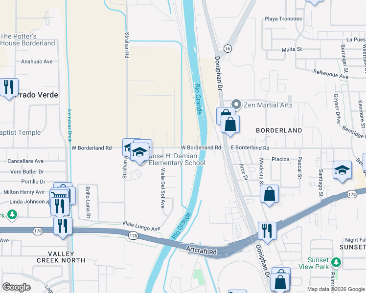 map of restaurants, bars, coffee shops, grocery stores, and more near 315 West Borderland Road in El Paso