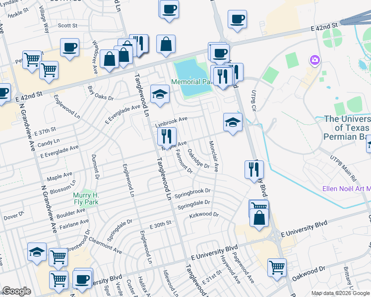 map of restaurants, bars, coffee shops, grocery stores, and more near 3730 Fairmont Dr in Odessa