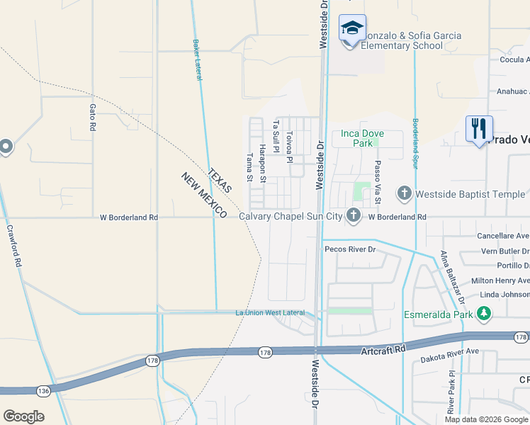 map of restaurants, bars, coffee shops, grocery stores, and more near 6353 Camino Nuez Drive in El Paso