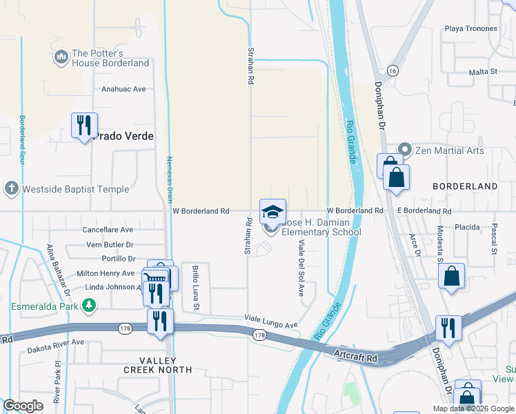 map of restaurants, bars, coffee shops, grocery stores, and more near 485 Brothers Road in Canutillo