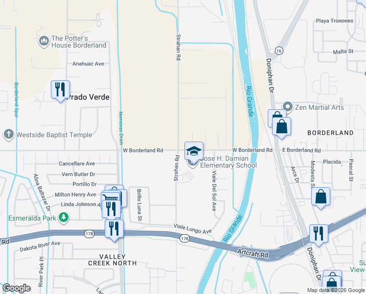 map of restaurants, bars, coffee shops, grocery stores, and more near 485 Brothers Road in Canutillo