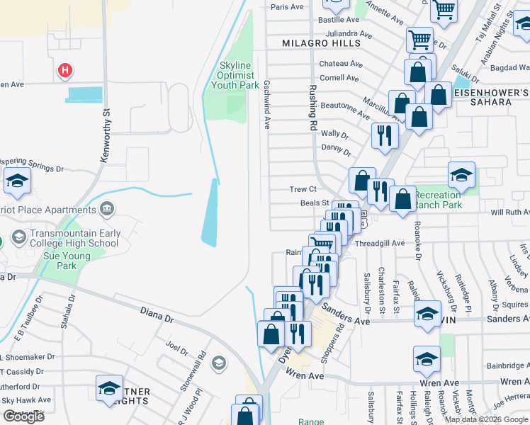 map of restaurants, bars, coffee shops, grocery stores, and more near 9425 Gschwind Avenue in El Paso