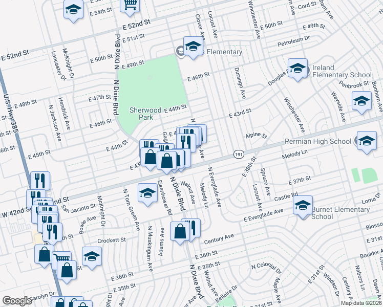 map of restaurants, bars, coffee shops, grocery stores, and more near 1135 East 42nd Street in Odessa