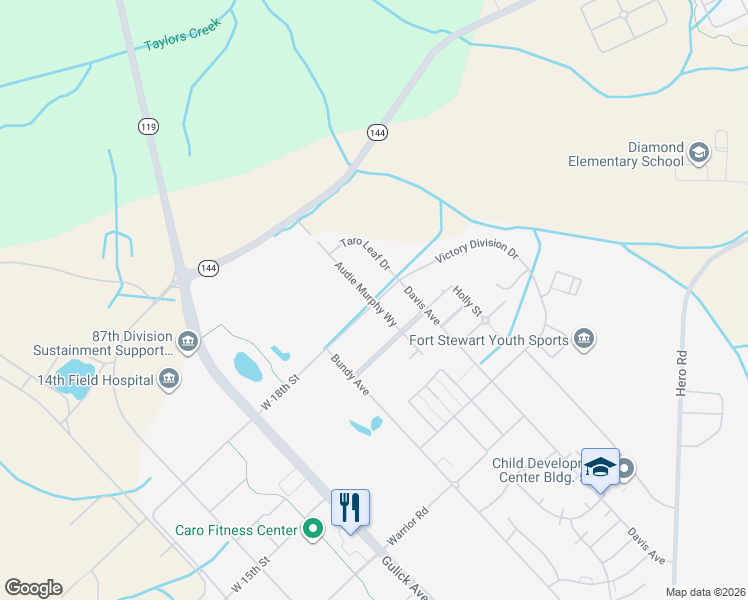 map of restaurants, bars, coffee shops, grocery stores, and more near 3 Victory Division Drive in Fort Stewart