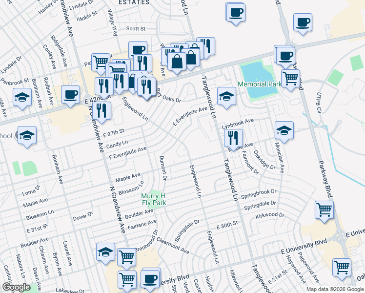 map of restaurants, bars, coffee shops, grocery stores, and more near 3921 Wood Court in Odessa