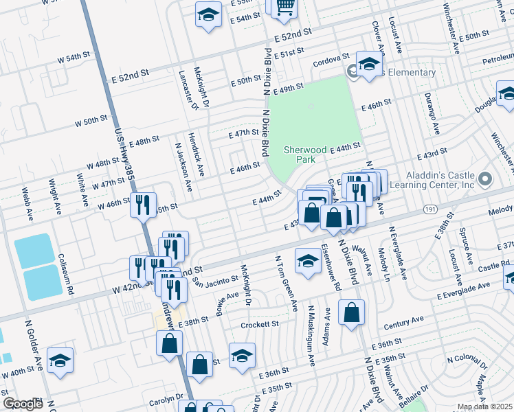 map of restaurants, bars, coffee shops, grocery stores, and more near 418 East 44th Street in Odessa