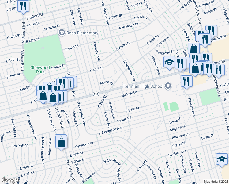 map of restaurants, bars, coffee shops, grocery stores, and more near 1512 East 42nd Street in Odessa