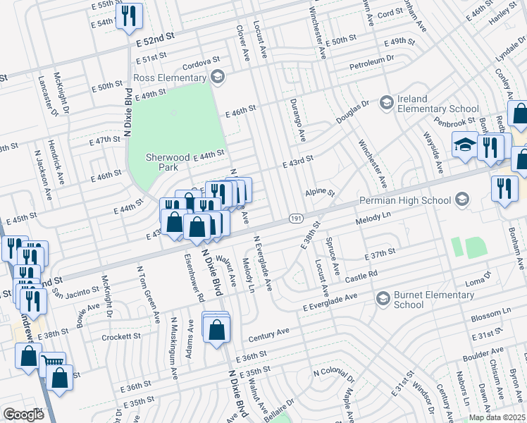 map of restaurants, bars, coffee shops, grocery stores, and more near 1304-1306 Marfa Lane in Odessa