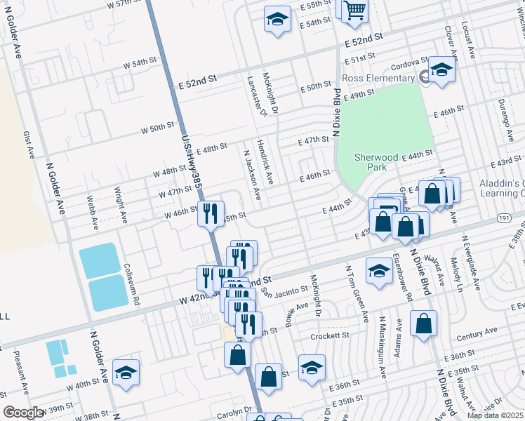 map of restaurants, bars, coffee shops, grocery stores, and more near 3315 North Jackson Avenue in Odessa