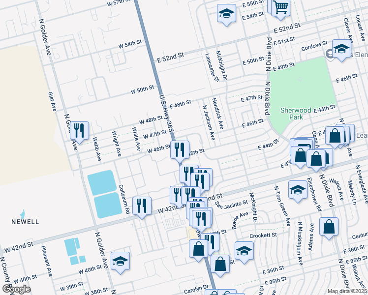 map of restaurants, bars, coffee shops, grocery stores, and more near 4590 North Texas Avenue in Odessa