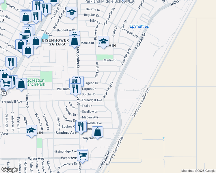 map of restaurants, bars, coffee shops, grocery stores, and more near 9623 Albacore Lane in El Paso