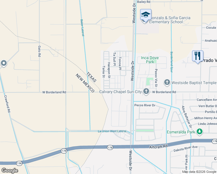 map of restaurants, bars, coffee shops, grocery stores, and more near 6457 Harapon Street in El Paso