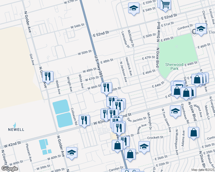 map of restaurants, bars, coffee shops, grocery stores, and more near 4590 North Texas Avenue in Odessa