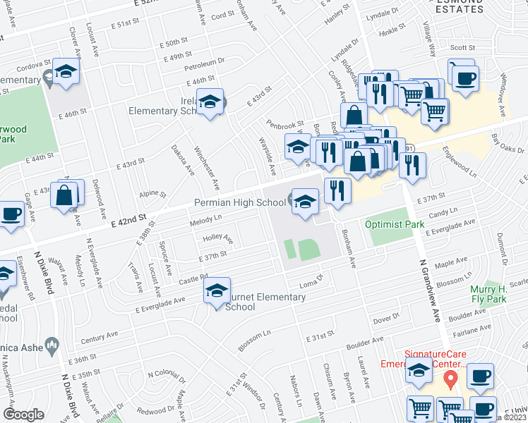 map of restaurants, bars, coffee shops, grocery stores, and more near 3717 Dawn Avenue in Odessa