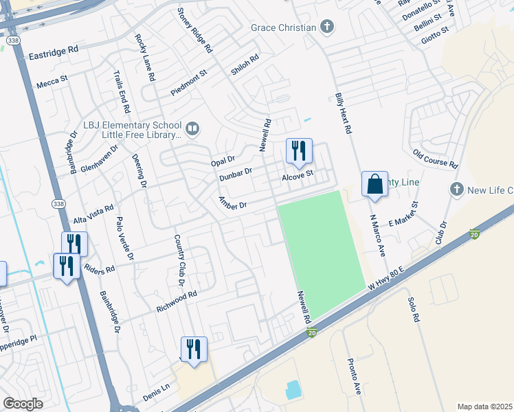 map of restaurants, bars, coffee shops, grocery stores, and more near 6555-6559 Amber Drive in Odessa