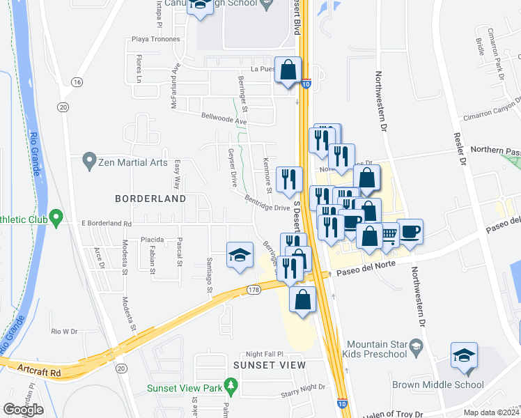 map of restaurants, bars, coffee shops, grocery stores, and more near 404 Bentridge Drive in El Paso