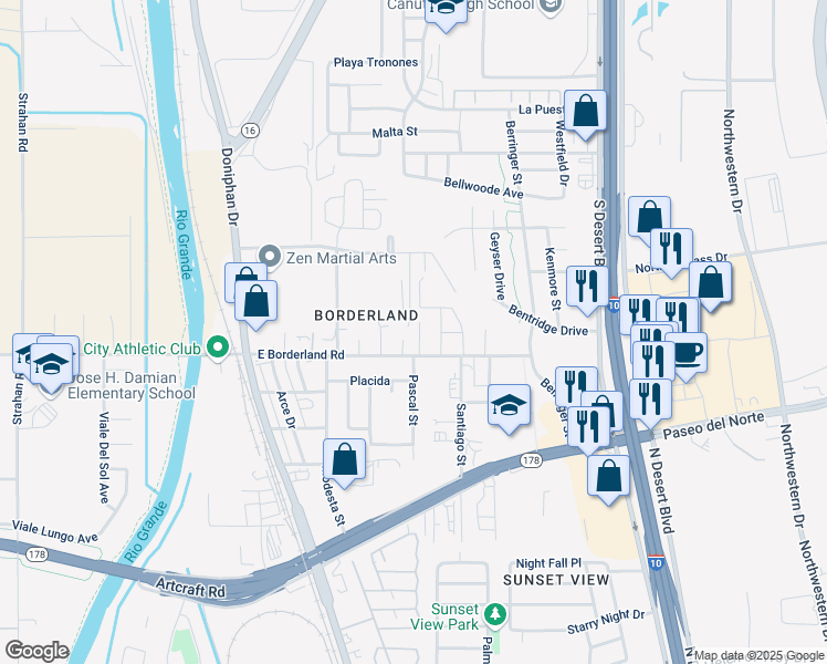 map of restaurants, bars, coffee shops, grocery stores, and more near 281E Borderland Road in El Paso