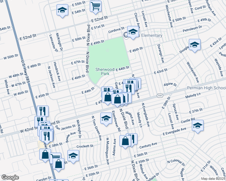 map of restaurants, bars, coffee shops, grocery stores, and more near 4310 North Dixie Boulevard in Odessa