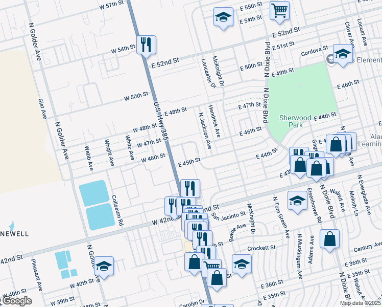 map of restaurants, bars, coffee shops, grocery stores, and more near North San Jancinto Street in Odessa