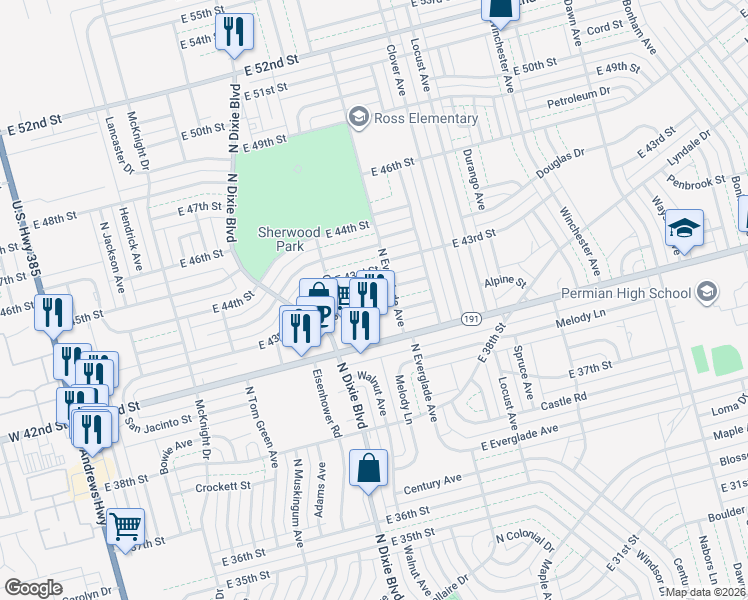 map of restaurants, bars, coffee shops, grocery stores, and more near 1214 Alpine Street in Odessa
