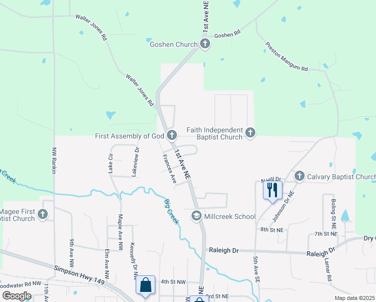 map of restaurants, bars, coffee shops, grocery stores, and more near 1401 1st Avenue Northeast in Magee