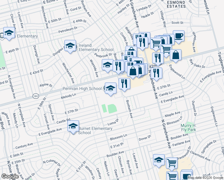 map of restaurants, bars, coffee shops, grocery stores, and more near 1800 East 42nd Street in Odessa