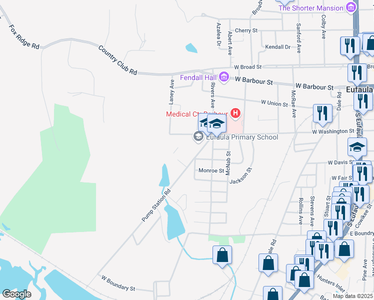 map of restaurants, bars, coffee shops, grocery stores, and more near 520 Pump Station Road in Eufaula