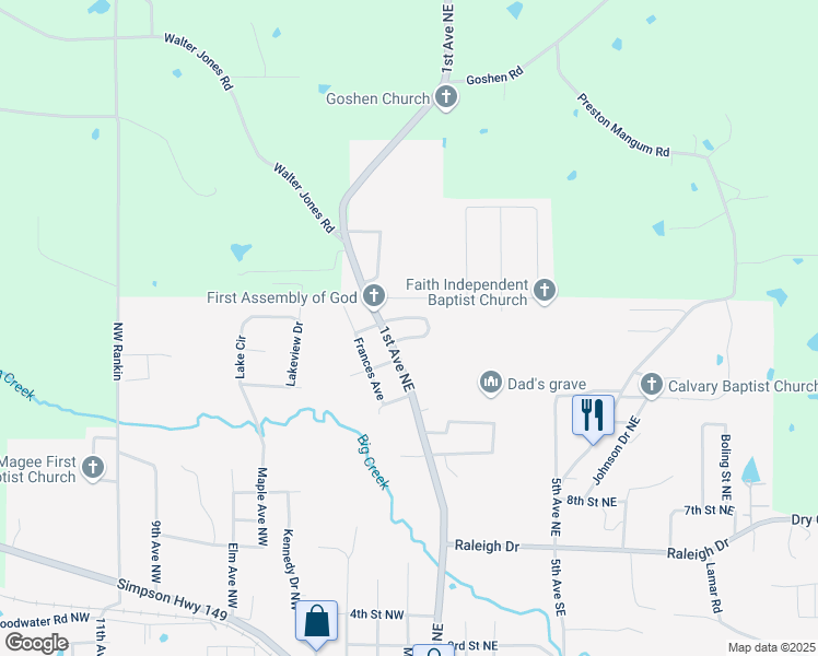 map of restaurants, bars, coffee shops, grocery stores, and more near 1401 1st Avenue Northeast in Magee