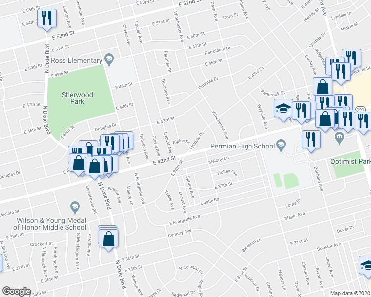 map of restaurants, bars, coffee shops, grocery stores, and more near 1501 Lyndale Drive in Odessa