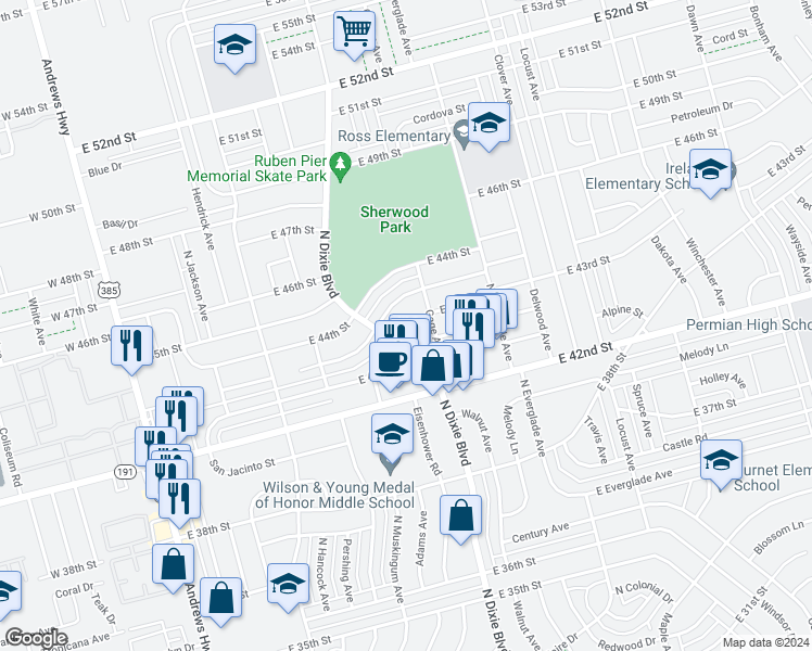 map of restaurants, bars, coffee shops, grocery stores, and more near 4310 North Dixie Boulevard in Odessa