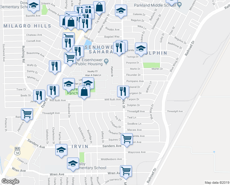 map of restaurants, bars, coffee shops, grocery stores, and more near 5757 Will Ruth Avenue in El Paso