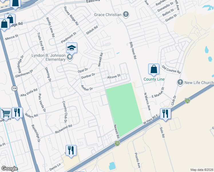 map of restaurants, bars, coffee shops, grocery stores, and more near 6620 Amber Drive in Odessa