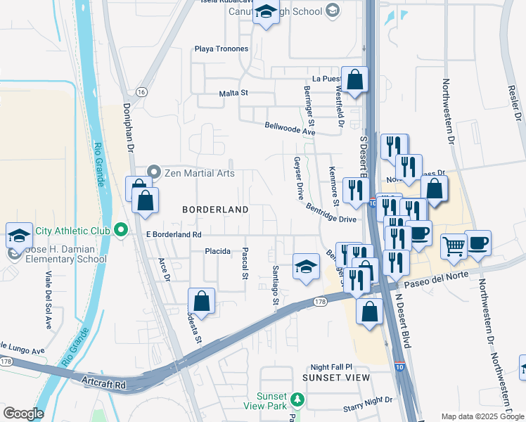 map of restaurants, bars, coffee shops, grocery stores, and more near 281E Borderland Road in El Paso