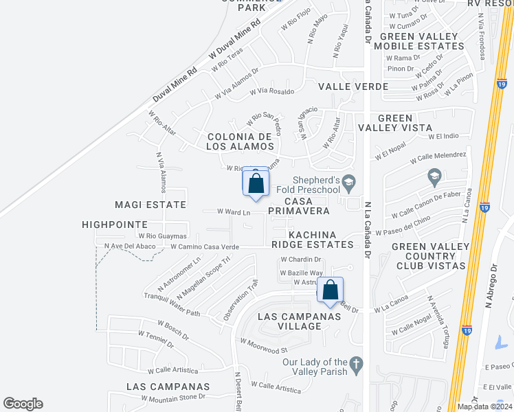 map of restaurants, bars, coffee shops, grocery stores, and more near 620 West Ward Lane in Green Valley