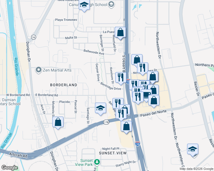 map of restaurants, bars, coffee shops, grocery stores, and more near 6381 Berringer Street in El Paso