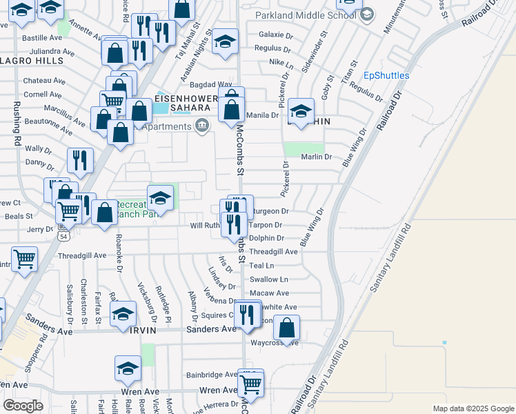 map of restaurants, bars, coffee shops, grocery stores, and more near 5817 Sturgeon Drive in El Paso