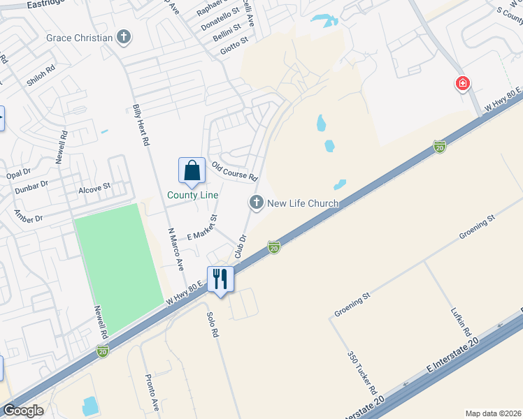 map of restaurants, bars, coffee shops, grocery stores, and more near 1 Club Drive in Odessa