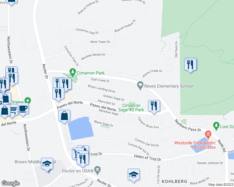 map of restaurants, bars, coffee shops, grocery stores, and more near 7370 Brays Landing Drive in El Paso