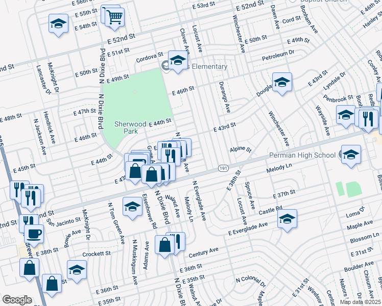 map of restaurants, bars, coffee shops, grocery stores, and more near 1304 Marfa Lane in Odessa