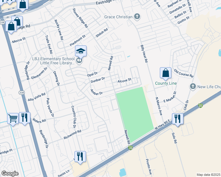 map of restaurants, bars, coffee shops, grocery stores, and more near 6555 Amber Drive in Odessa