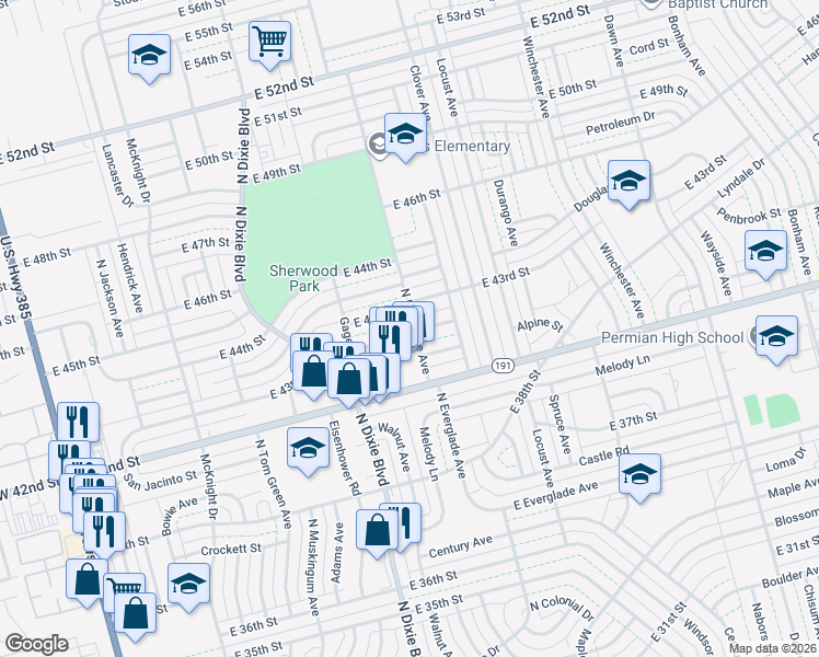 map of restaurants, bars, coffee shops, grocery stores, and more near 1214 Alpine Street in Odessa
