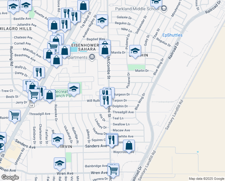 map of restaurants, bars, coffee shops, grocery stores, and more near 5817 Sturgeon Drive in El Paso