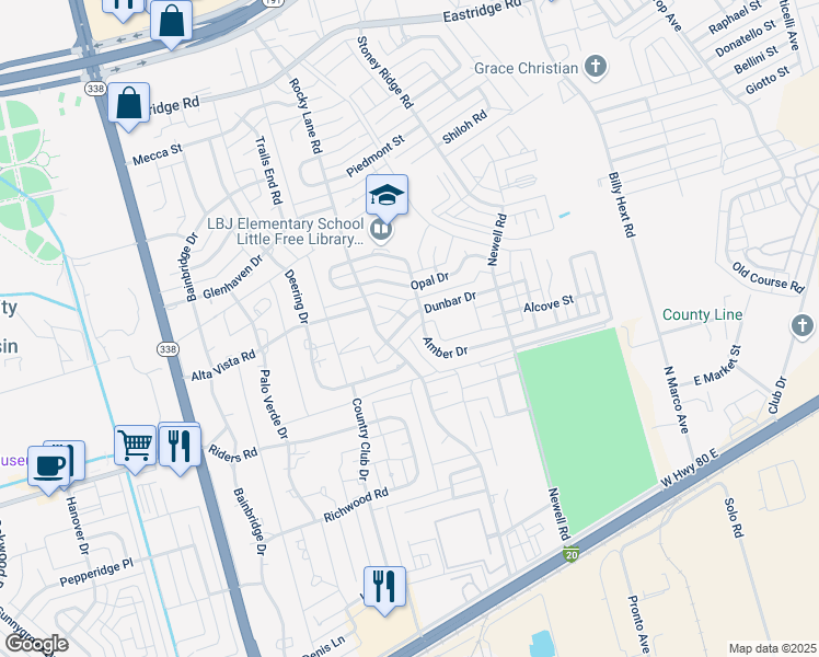 map of restaurants, bars, coffee shops, grocery stores, and more near 6508 Amber Drive in Odessa