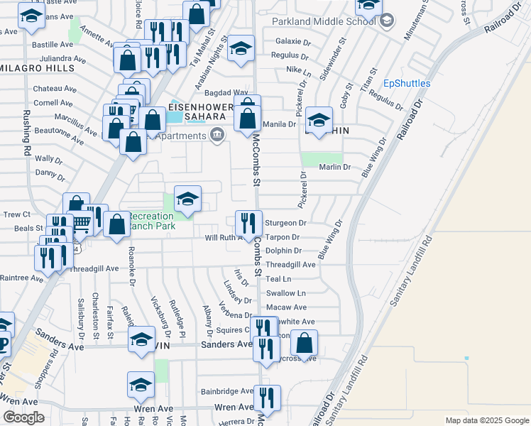 map of restaurants, bars, coffee shops, grocery stores, and more near 5817 Sturgeon Drive in El Paso