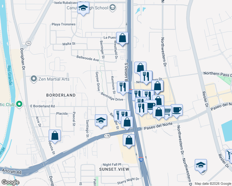 map of restaurants, bars, coffee shops, grocery stores, and more near 6416 Kenmore Street in El Paso