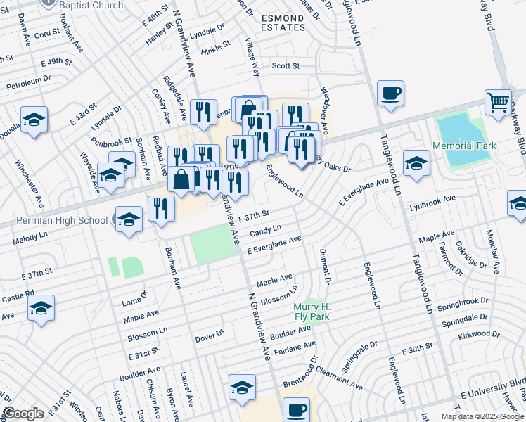map of restaurants, bars, coffee shops, grocery stores, and more near 3820 East 37th Street in Odessa