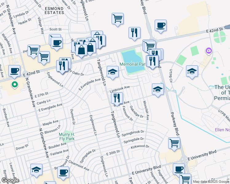 map of restaurants, bars, coffee shops, grocery stores, and more near 4124 Lynbrook Avenue in Odessa