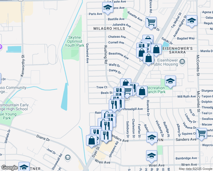 map of restaurants, bars, coffee shops, grocery stores, and more near 5122 Trew Court in El Paso