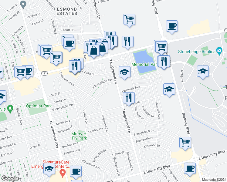 map of restaurants, bars, coffee shops, grocery stores, and more near 3939 Tanglewood Lane in Odessa
